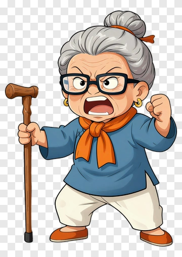 Angry Cartoon Grandma Holding A Cane PNG