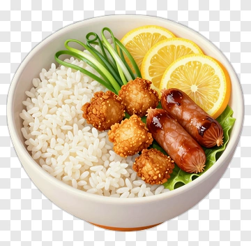 Bowl Of Rice With Sausages And Lemon Slices PNG