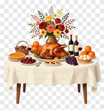 Thanksgiving Dinner Table With Turkey And Flowers PNG