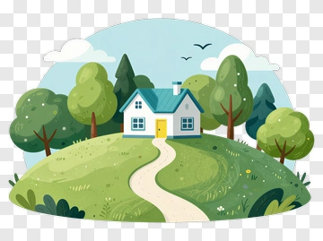 Cartoon House On A Green Hill PNG