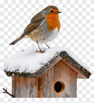 Robin Bird On A Snowy Birdhouse PNG
