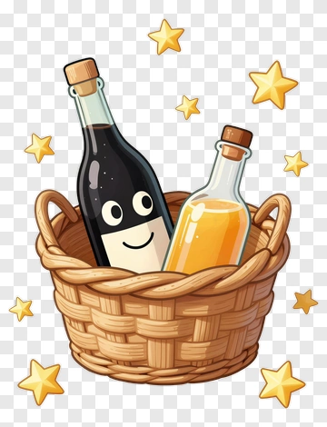 Cartoon Basket With Bottles And Stars PNG