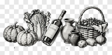Basket Of Harvested Vegetables And Wine Bottle PNG