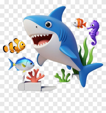 Cartoon Shark With Colorful Fish And Coral PNG
