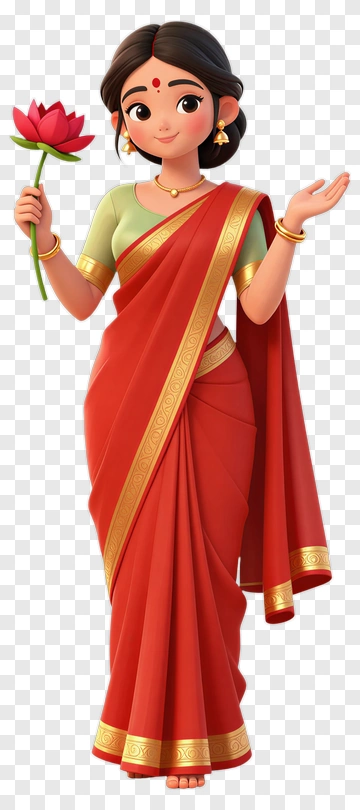 Cartoon Woman In Red Saree Holding A Lotus Flower PNG