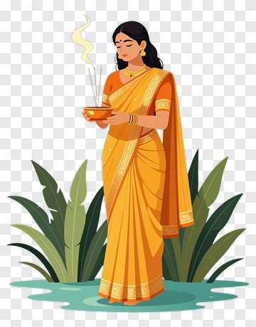 Woman In Orange Saree Holding A Bowl Of Incense PNG