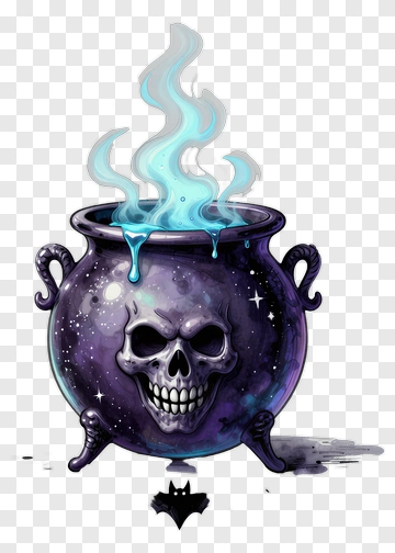 Halloween Cauldron With Skull And Blue Smoke PNG