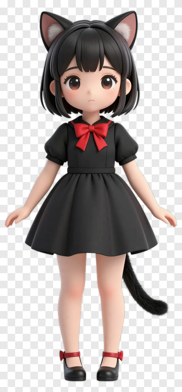 3D Cartoon Girl In A Black Dress With Cat Ears PNG