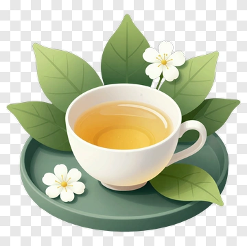 Tea Cup Surrounded By Green Leaves And Flowers PNG