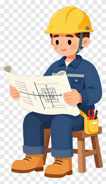 Cartoon Construction Worker Reading Blueprints PNG