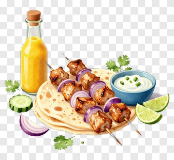 Delicious Chicken Skewers With Sauce And Fresh Vegetables PNG