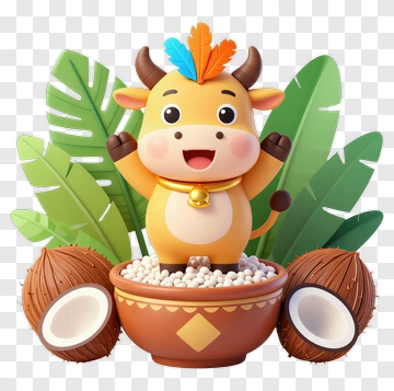 Cartoon Cow Holding A Bell In A Decorative Bowl PNG