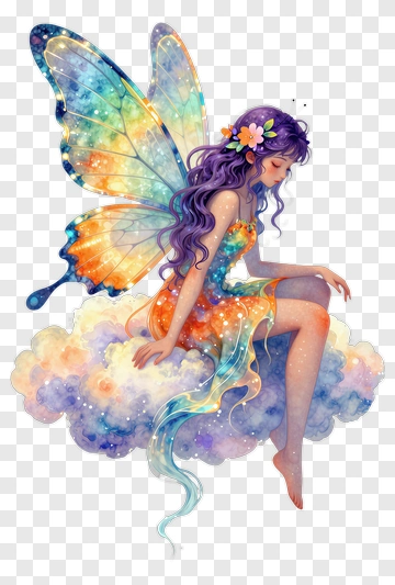 Fairy Sitting On A Cloud With Colorful Wings PNG