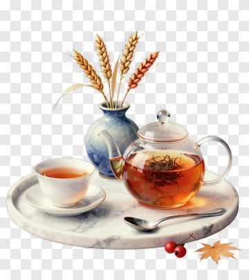 Tea Set With Wheat And Decorative Elements PNG
