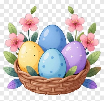 Easter Egg Basket With Flowers PNG