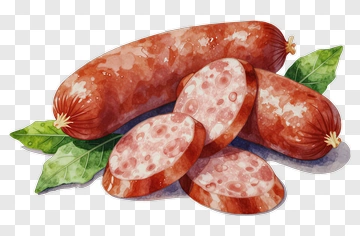 Watercolor Sausage And Slices With Green Leaves PNG