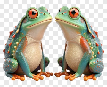 3D Colorful Frogs Sitting Together PNG