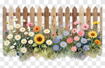Colorful Flower Garden With Wooden Fence PNG