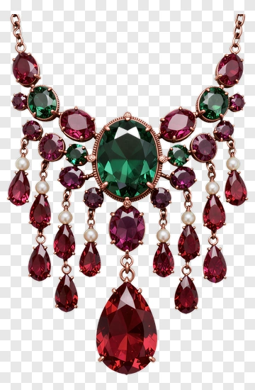 Elegant Jewelry Necklace With Green And Red Gems PNG