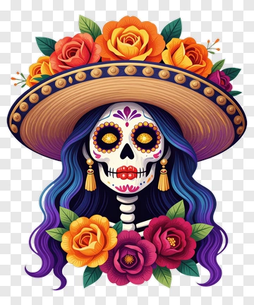 Colorful Sugar Skull With Flowers And Sombrero PNG