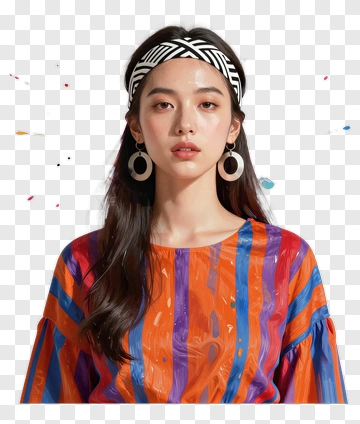 Young Woman With Colorful Striped Shirt And Headband PNG