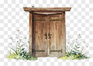 Wooden Double Door With Greenery PNG