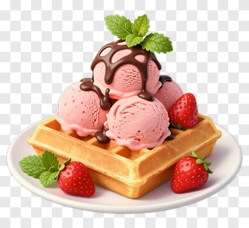 Ice Cream Waffle With Strawberries PNG