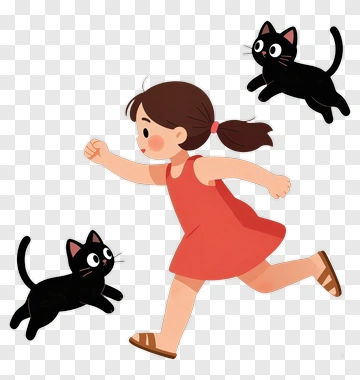 Girl Running With Two Black Cats PNG