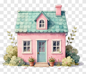 Colorful Cottage With Flower Pots PNG