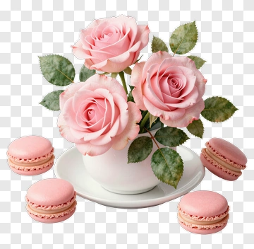 Pink Roses In A White Vase With Macarons PNG