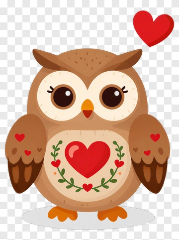 Cartoon Owl With Heart Decorations PNG