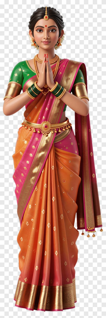 Indian Woman In Traditional Saree With Hands In Prayer PNG