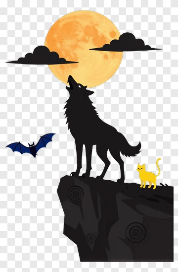 Wolf Howling At The Full Moon With Bat And Cat PNG