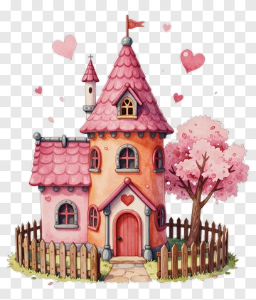 Whimsical Pink Cottage With Cherry Blossom Tree PNG