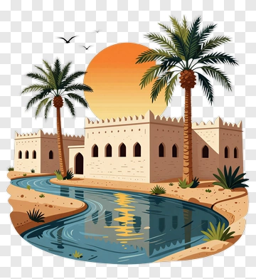 Desert Oasis With Palm Trees And River PNG
