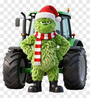 Cartoon Grinch In Santa Hat And Scarf By A Tractor PNG