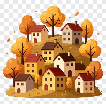Colorful Autumn Village With Houses And Trees PNG