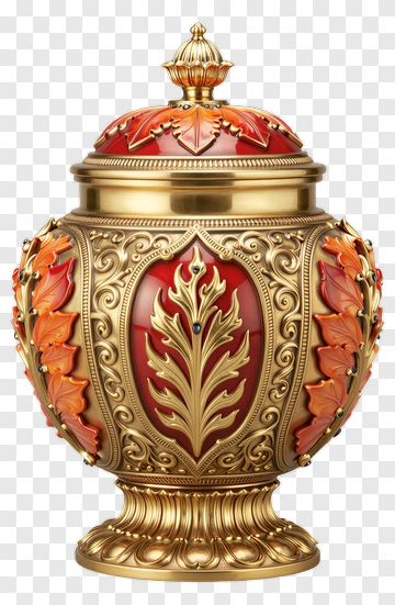 Ornate Golden Urn With Red And Orange Leaves PNG