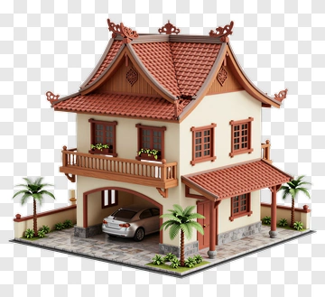 3D House With Car And Palm Trees PNG