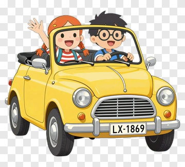 Cartoon Children Driving A Yellow Car PNG