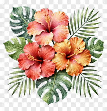 Colorful Hibiscus Flowers With Tropical Leaves PNG