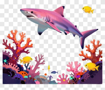 Cartoon Shark Swimming Among Colorful Coral Reef PNG