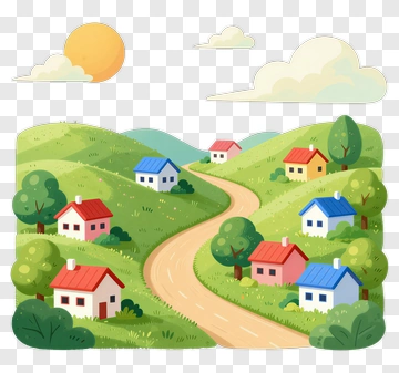 Colorful Cartoon Countryside Landscape With Houses PNG