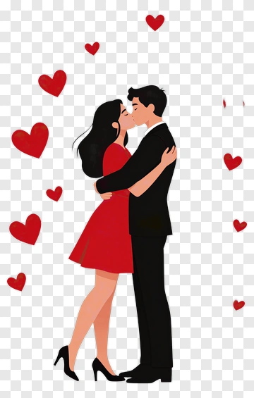 Couple Kissing With Red Hearts PNG