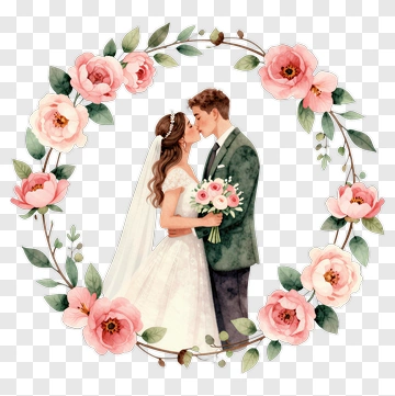 Wedding Couple Surrounded By Floral Wreath PNG