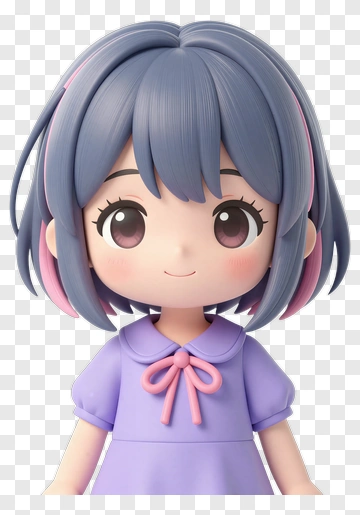 3D Girl Doll With Blue Hair And Purple Dress PNG