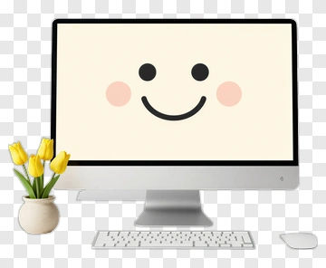 Computer Monitor With A Happy Face And Flowers PNG