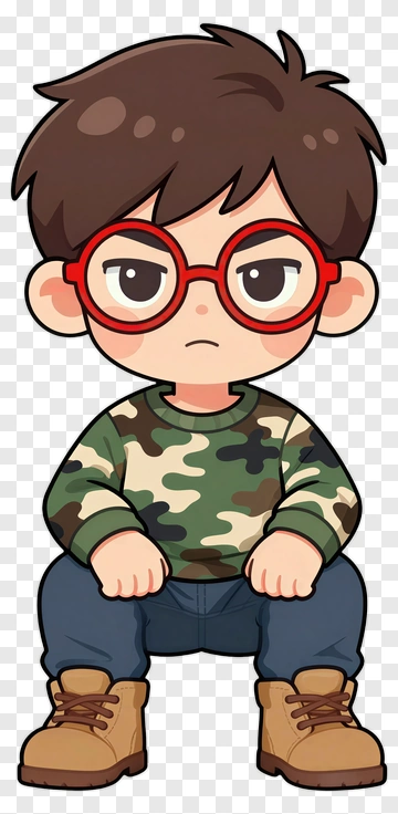 Cartoon Boy In Camouflage Sweater And Glasses PNG