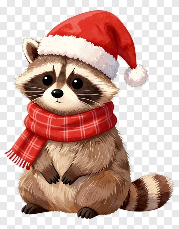 Cartoon Raccoon Wearing A Santa Hat And Scarf PNG