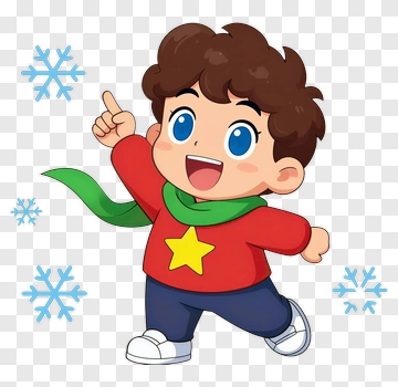 Cartoon Boy Pointing With Snowflakes PNG